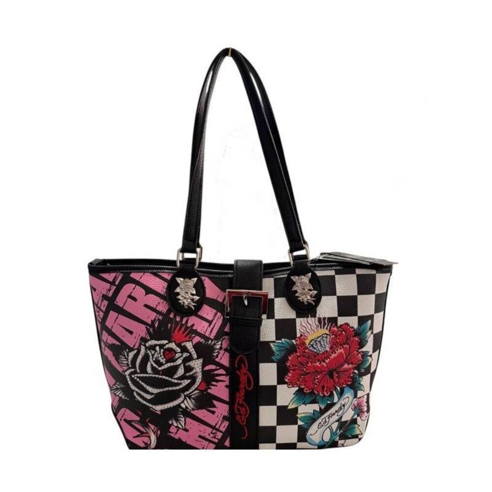 Ed hardy black and pink tote logo tiger rose print shoulder handbag